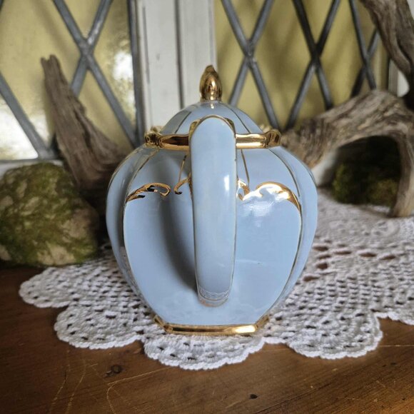 RARE 1930s Sadler Cube Teapot from England - Blue, 24KT Gold Gilding, with Birds - Picture 6 of 15